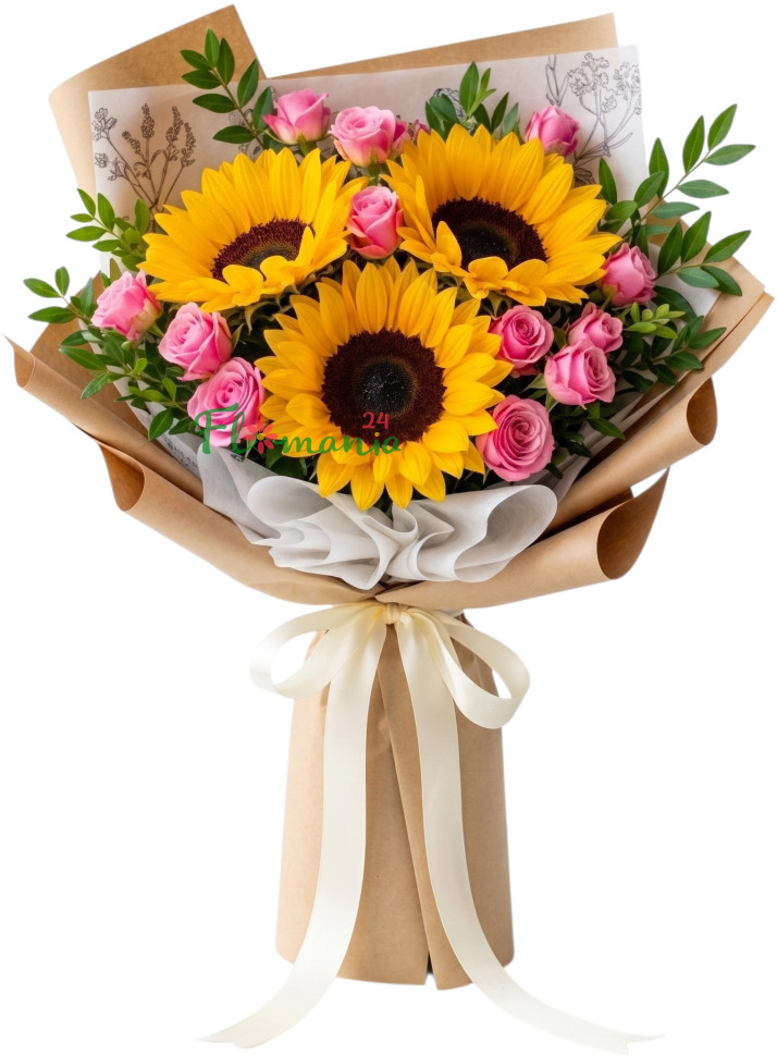 Букет с подсолнухами и розовыми кустовыми розами «Заряд тепла»